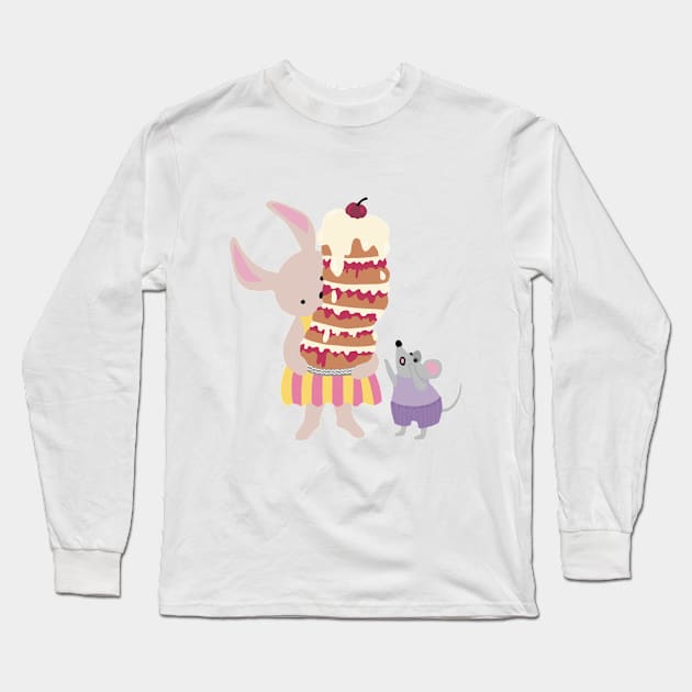 Happy Birthday , greeting card, with a rabbit holding a high cake that almost will fall Long Sleeve T-Shirt by marina63